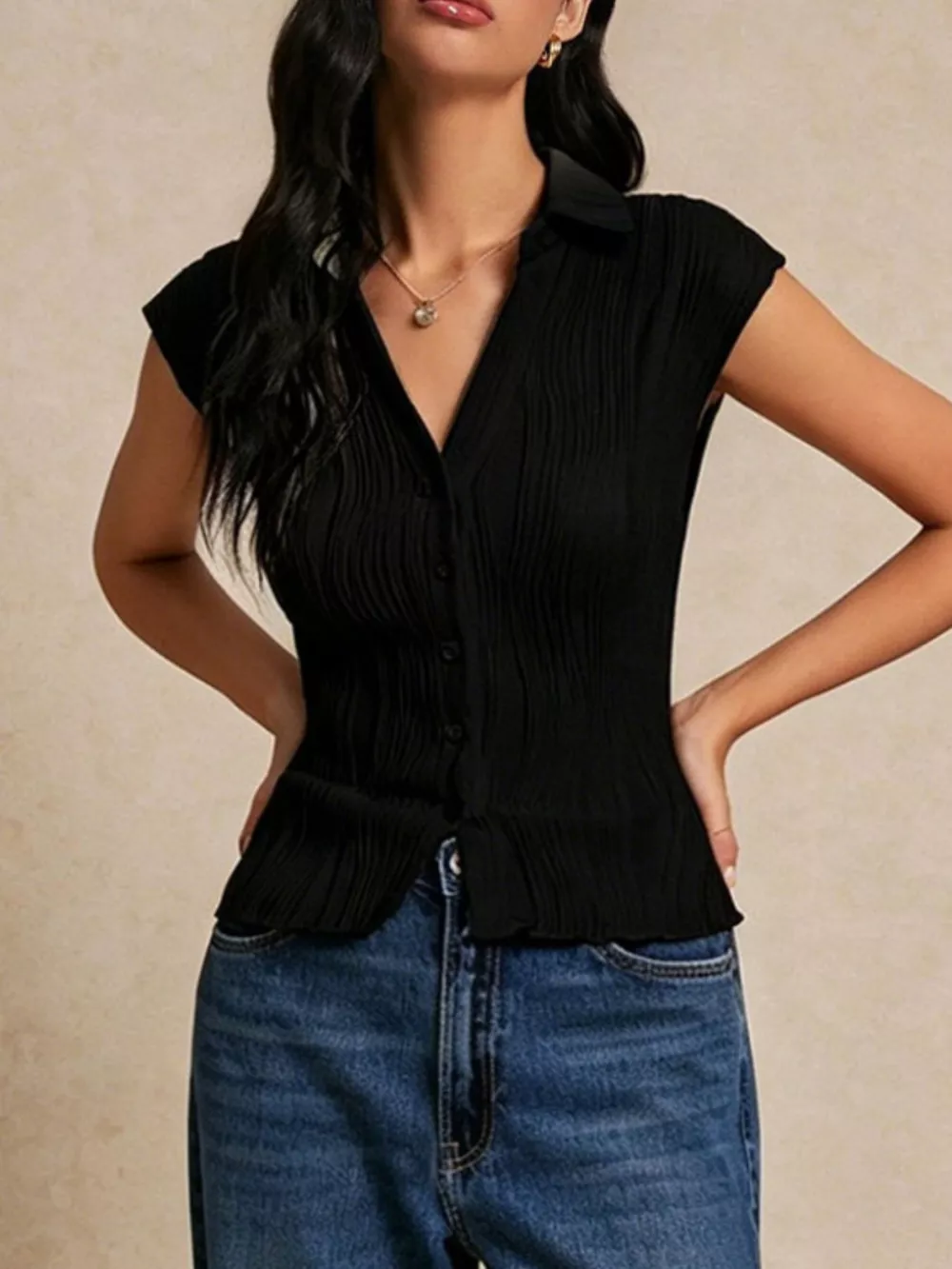 Button-Down Cap Sleeve Shirt, image 2