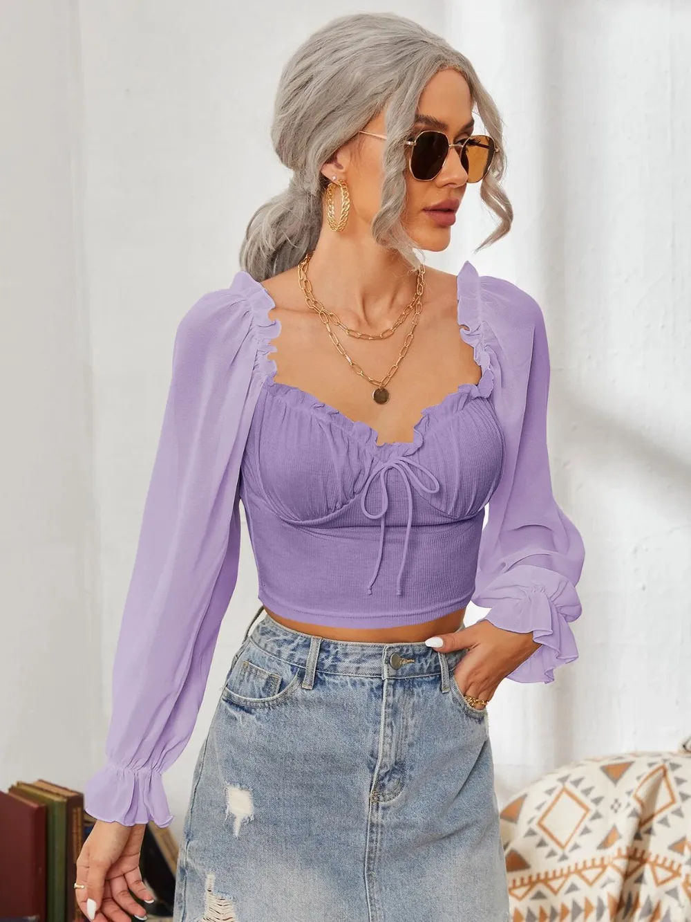 Mesh Sweetheart Neck Flounce Sleeve Top, image 25