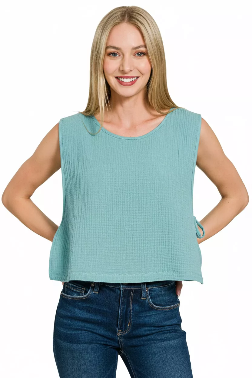 Double Gauze Side Tie Sleeveless Top, image 3