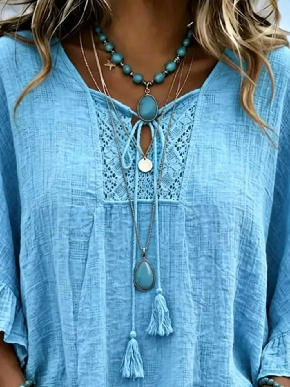 Full Size Tassel Tie Neck Ruffled Hem Blouse Plus Size, image 8