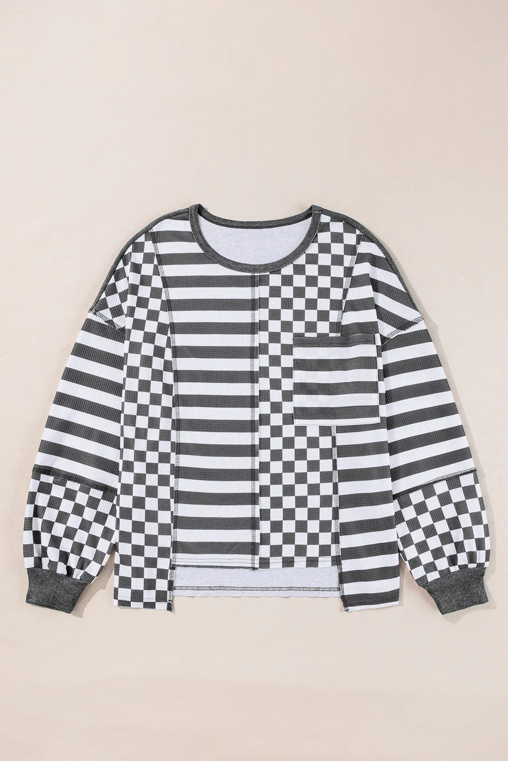 Checker & Stripes Round Neck Long Sleeve Blouse, image 6