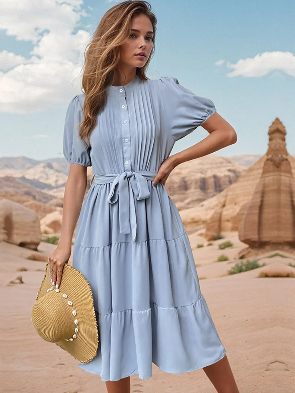 Tie Waist Puff Sleeve Midi Dress, image 2