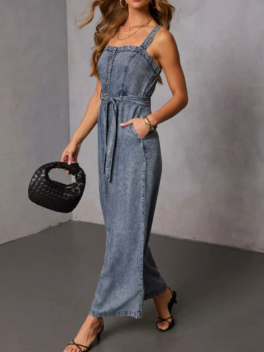 Belted Waist Wide Leg Denim Jumpsuit, image 5