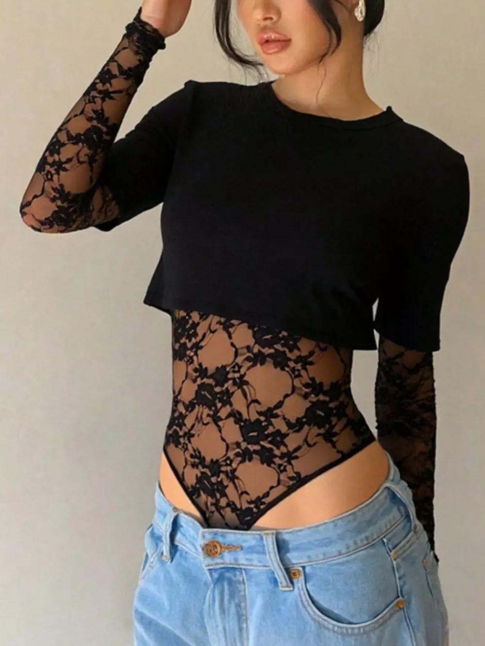 Lace Patchwork Round Neck Bodysuit, image 10