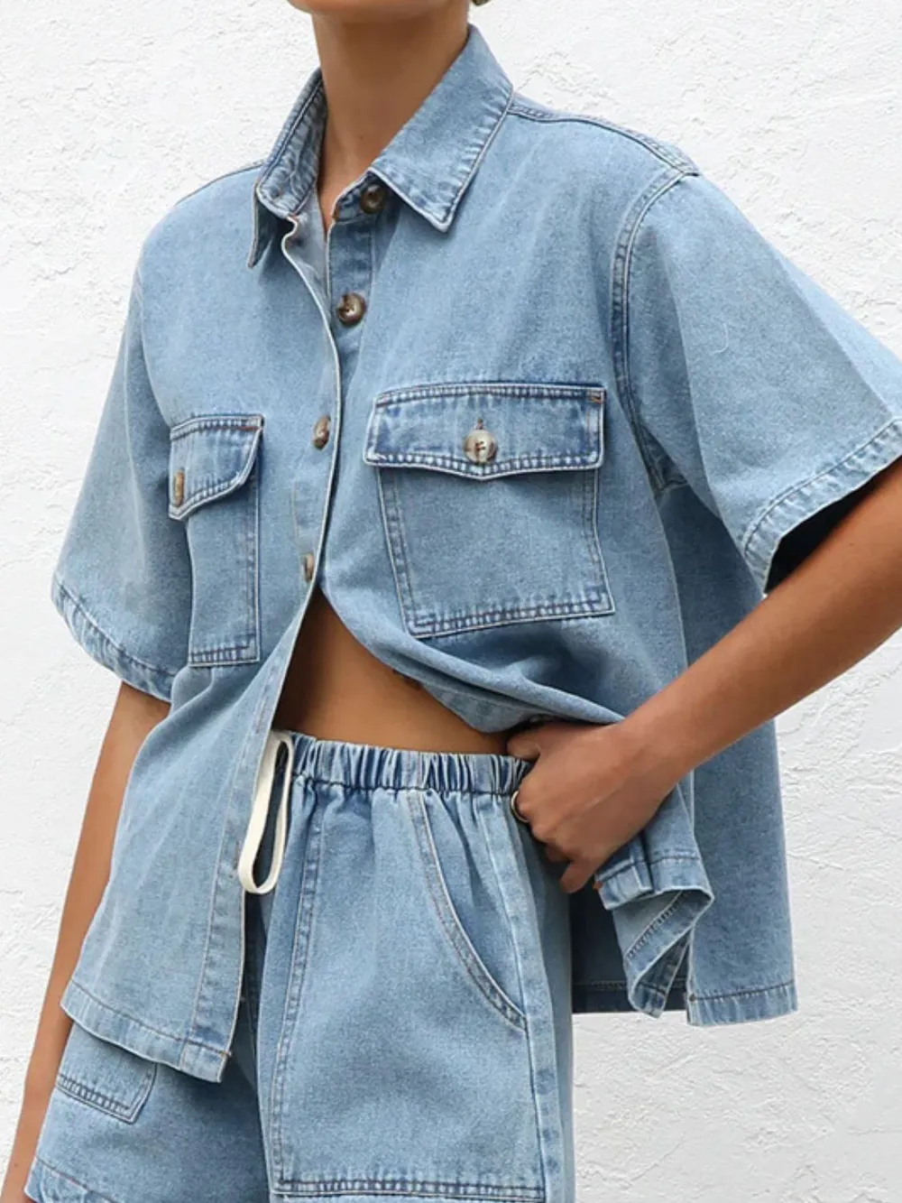 Button Up Half Sleeve Denim Shirt
