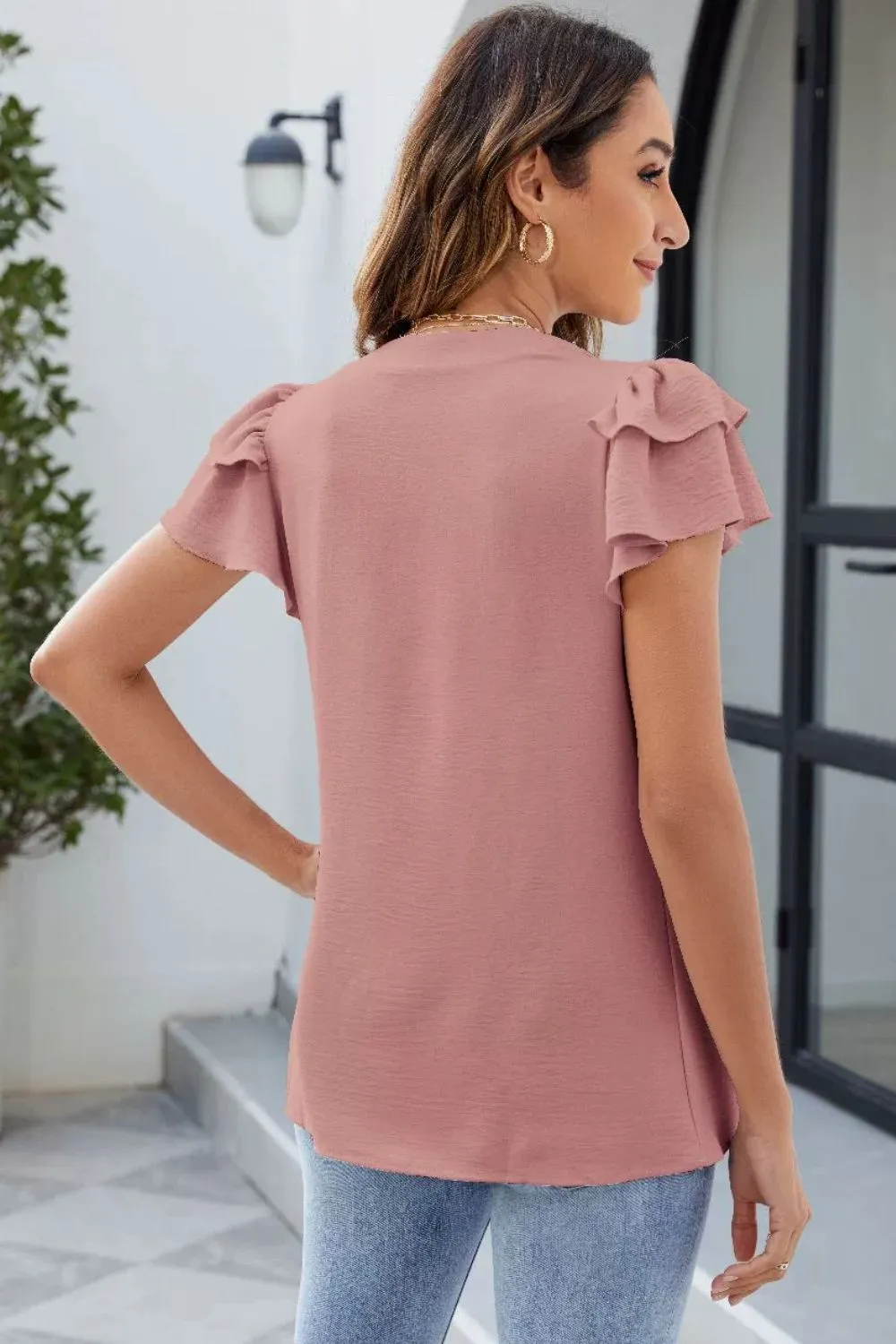 Ruffled Notched Short Sleeve Blouse, image 10