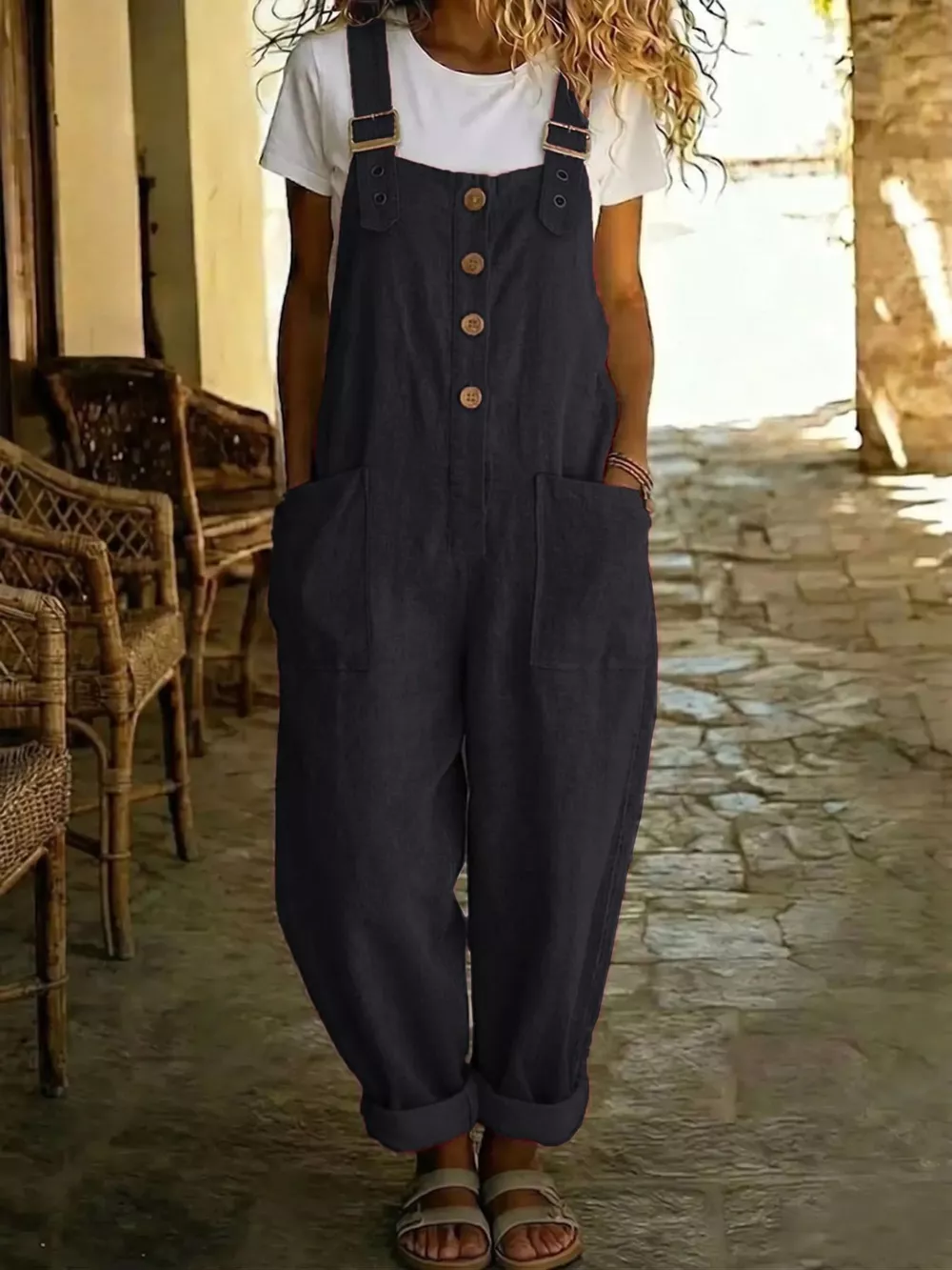Casual Button Front Wide Leg Overalls, image 9