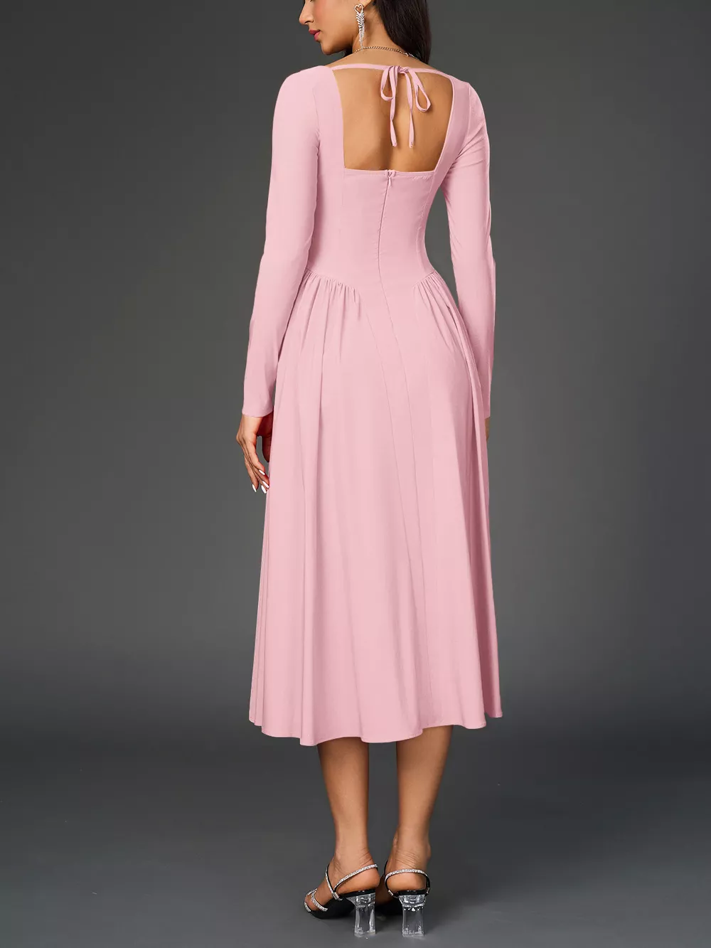 Sweetheart Neckline Long Sleeve A-Line Midi Dress, image 30