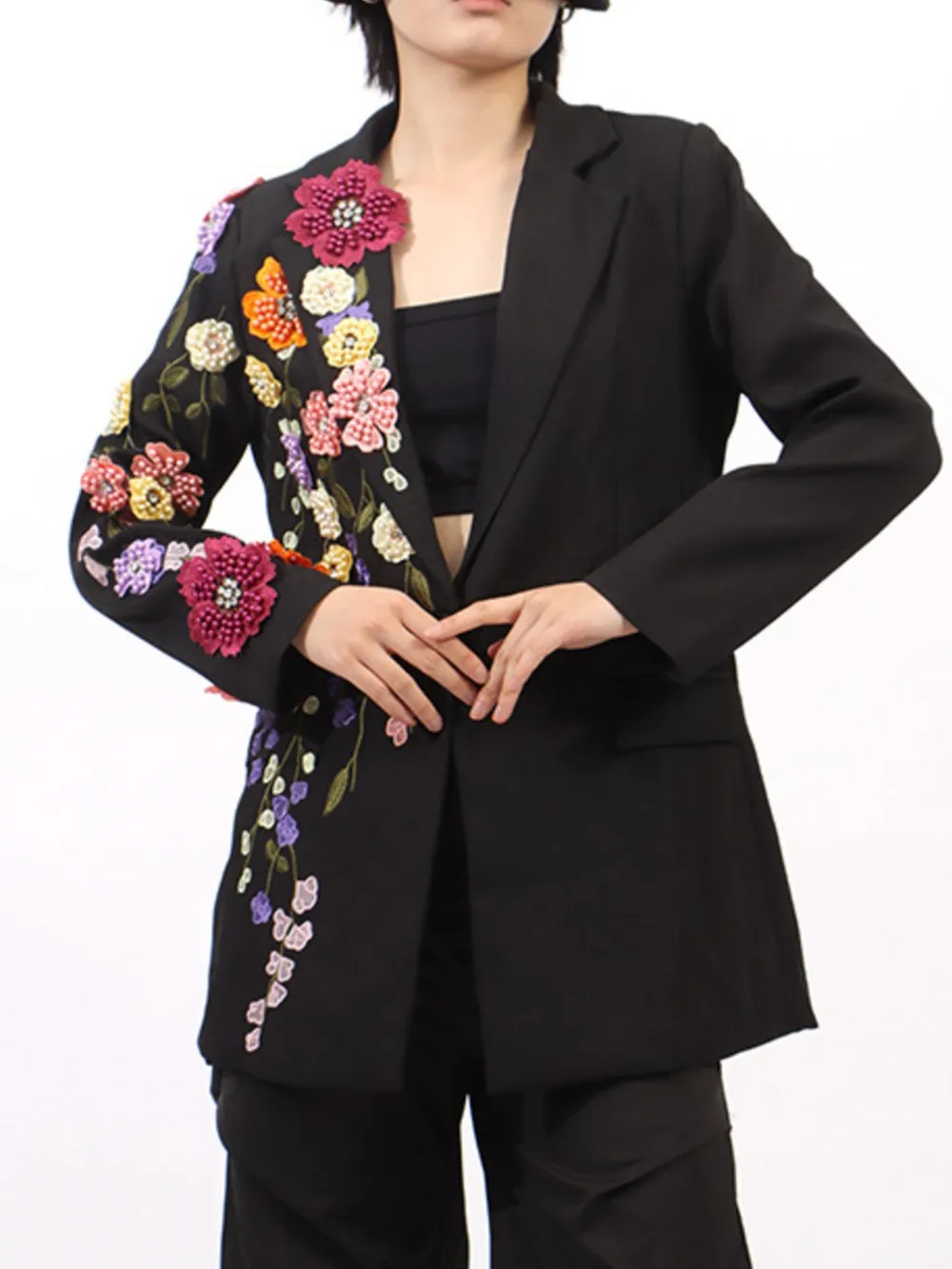 Pearl Detail Flower Lapel Collar Blazer, image 3