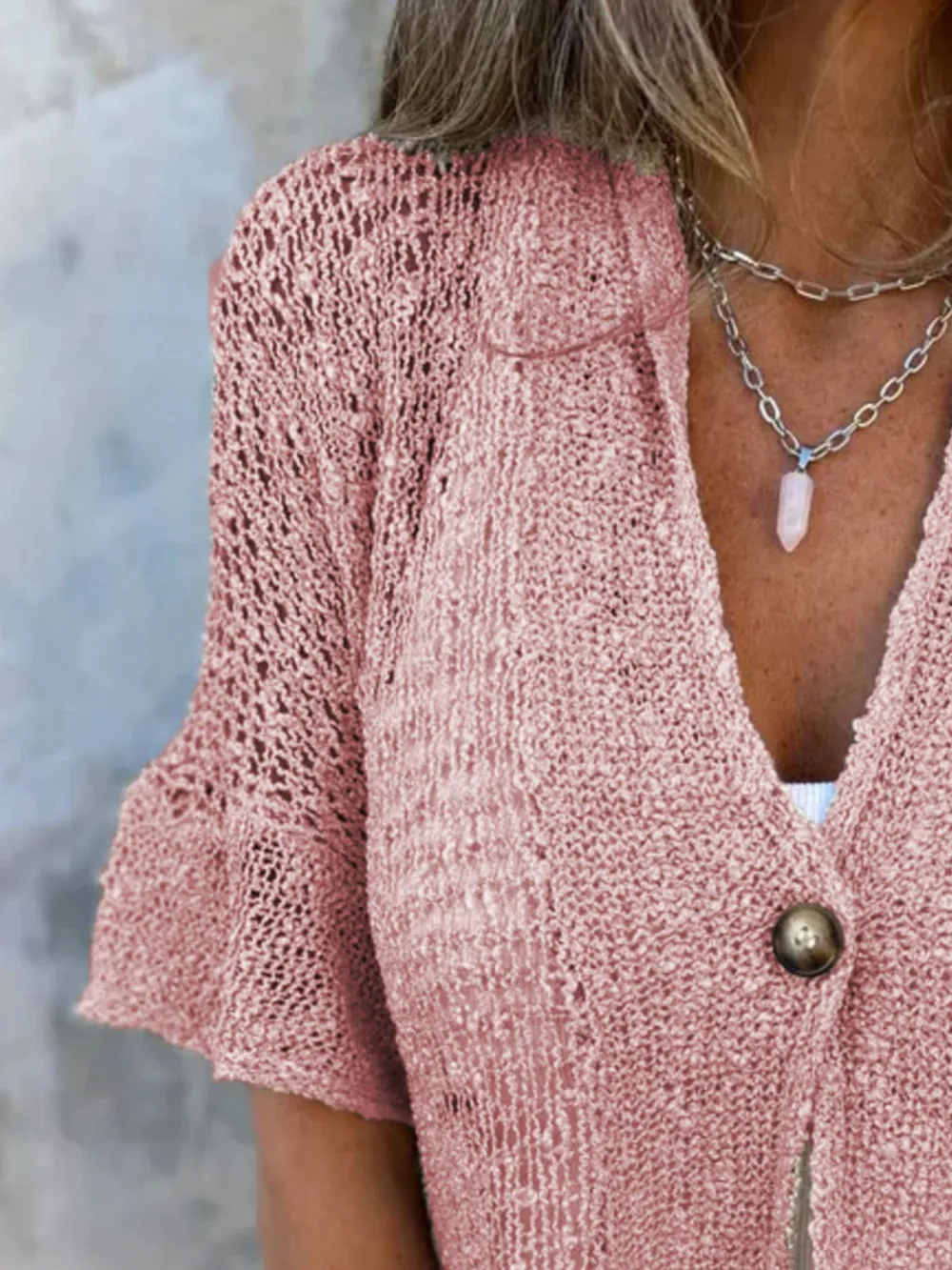 Full Size One Button Half Sleeve Cardigan Plus Size, image 5