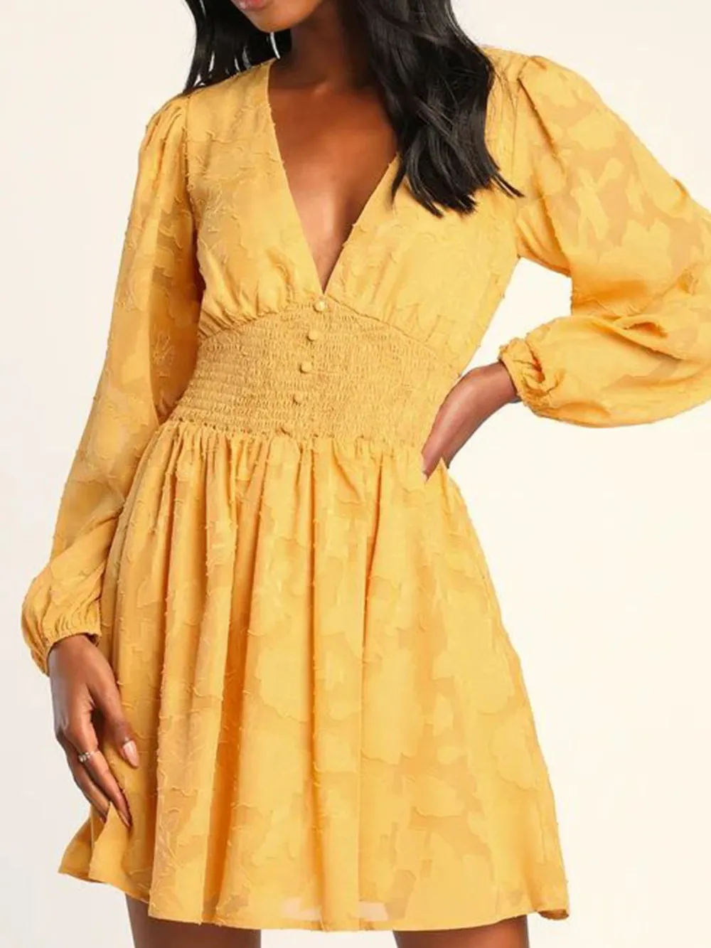 Smocked V-Neck Balloon Sleeve Dress, image 9