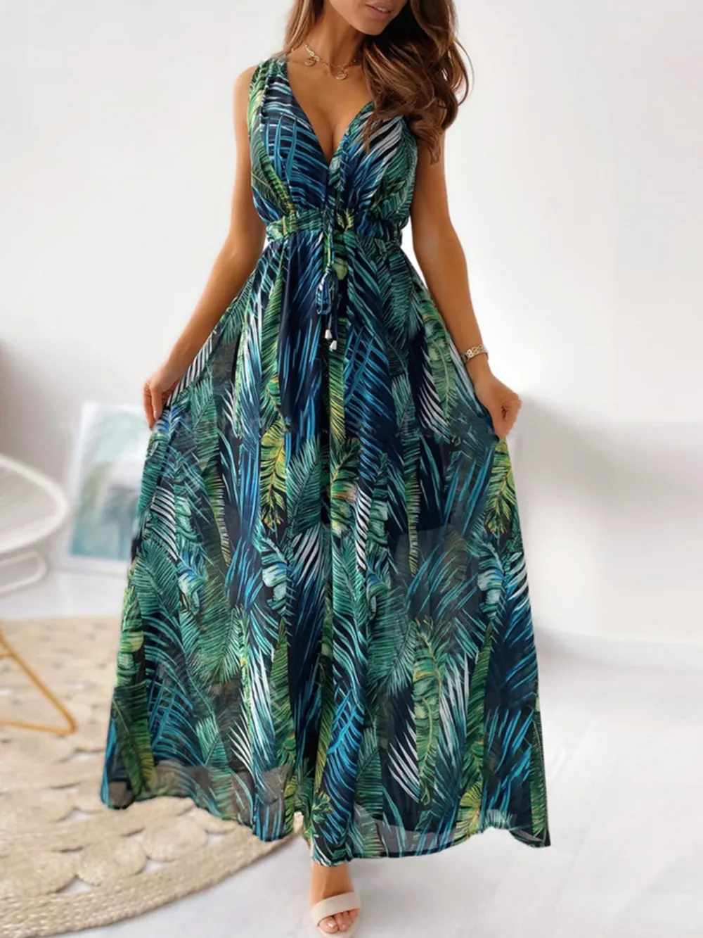Leaf Print Sleeveless Maxi Dress, image 9