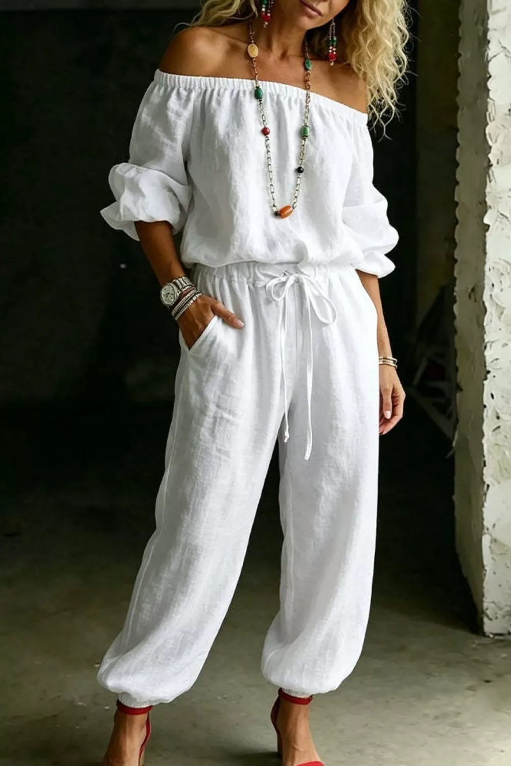 Full Size Off-Shoulder Top and Pants Set Plus Size, image 2