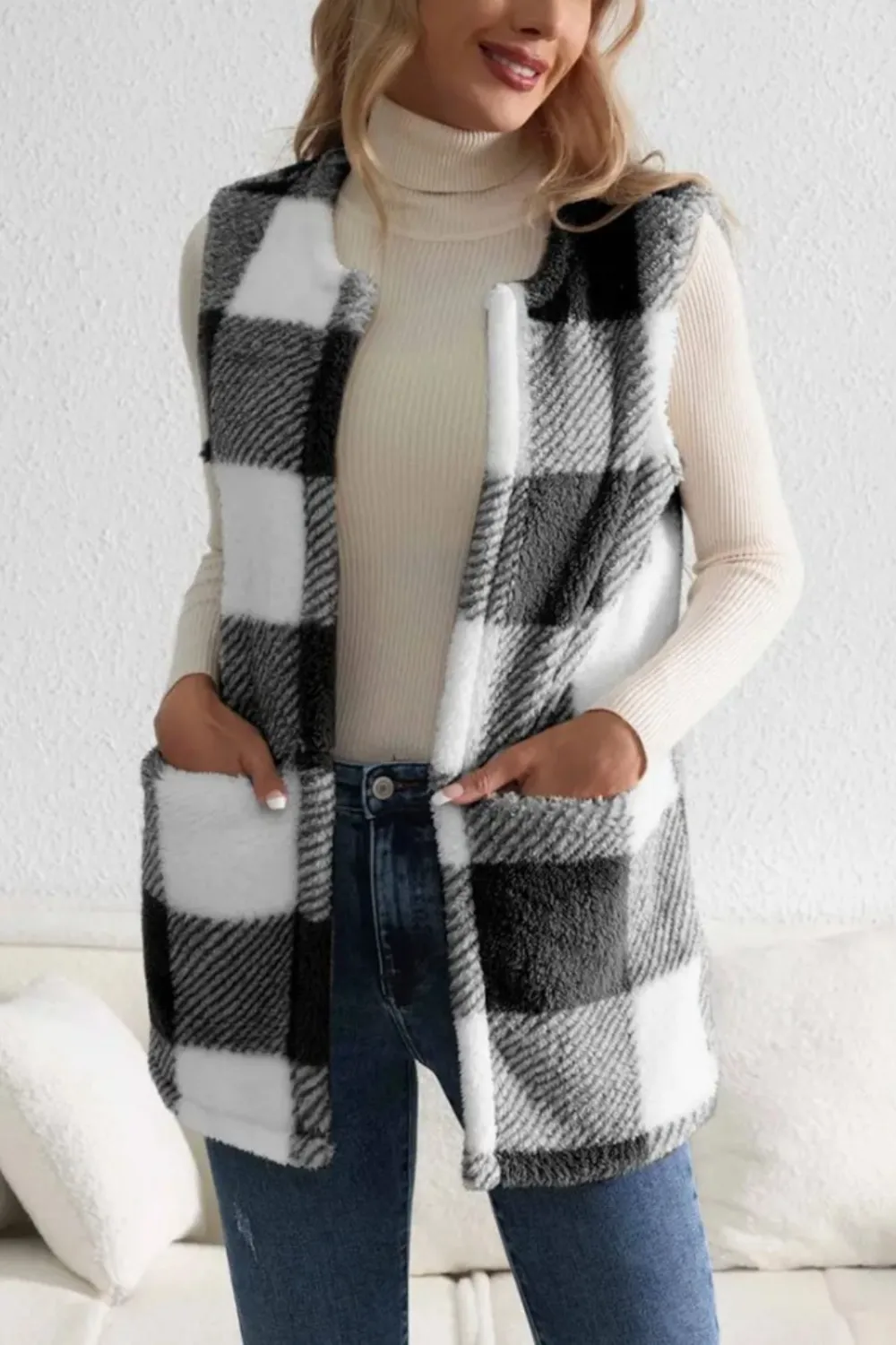 Sherpa Plaid Open Front Vest Coat, image 3