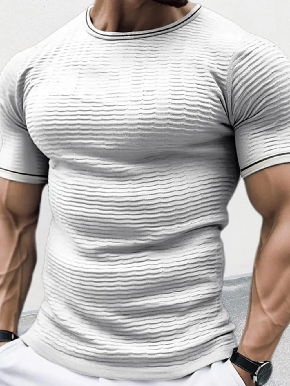 Men's Plus Size Texture Round Neck Contrast Trim T-Shirt, image 6