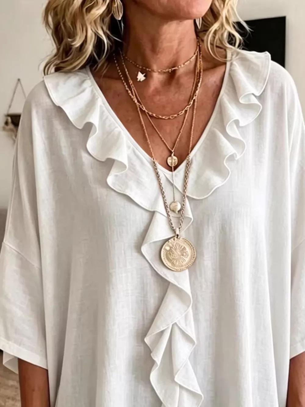 Full Size Ruffled V-Neck 3/4 Sleeve Blouse Plus Size, image 2