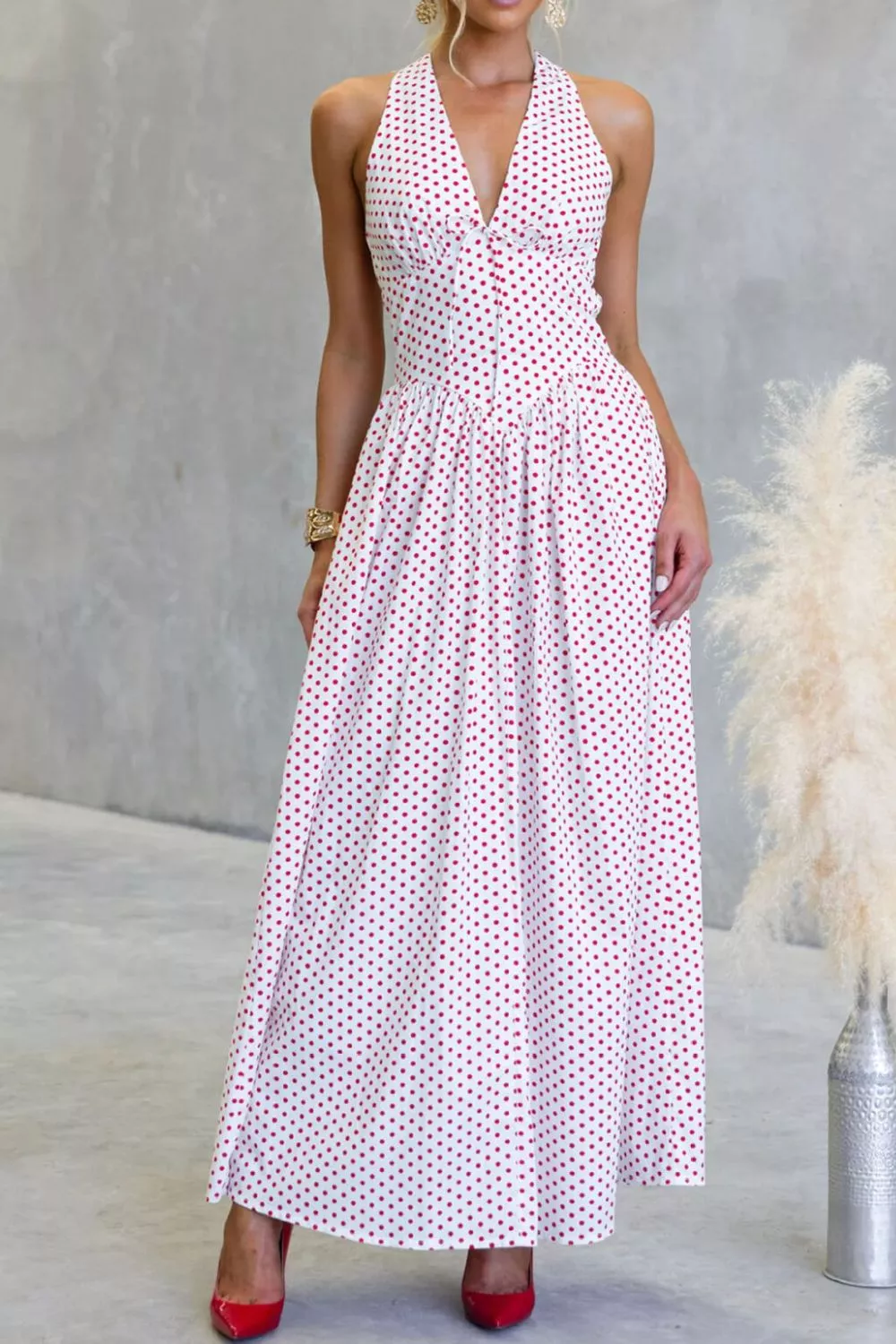 Backless Polka Dot Halter Neck Maxi Dress, image 11