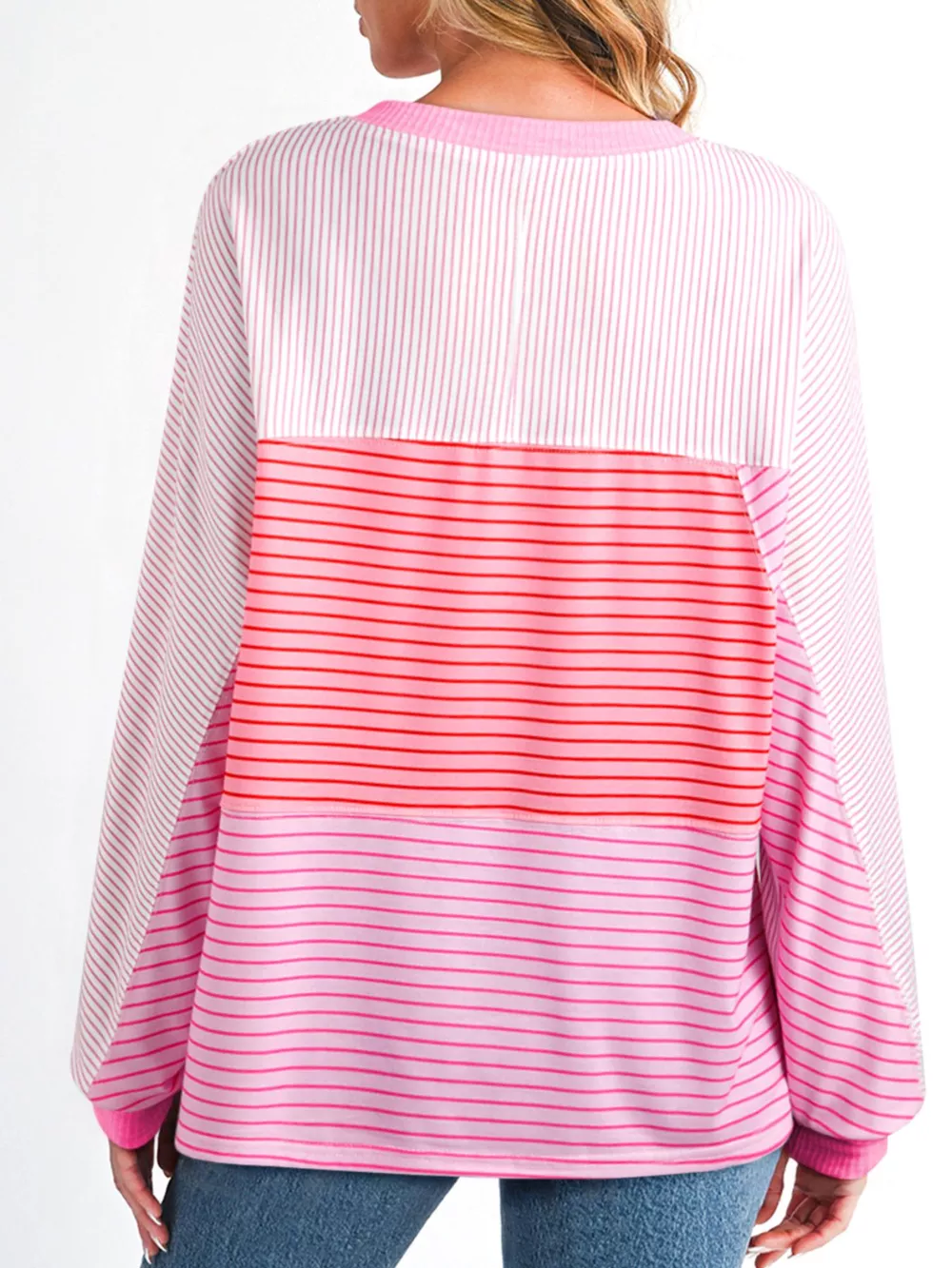 Striped Colorblock Exposed Seam Casual Long Sleeve Top, image 3