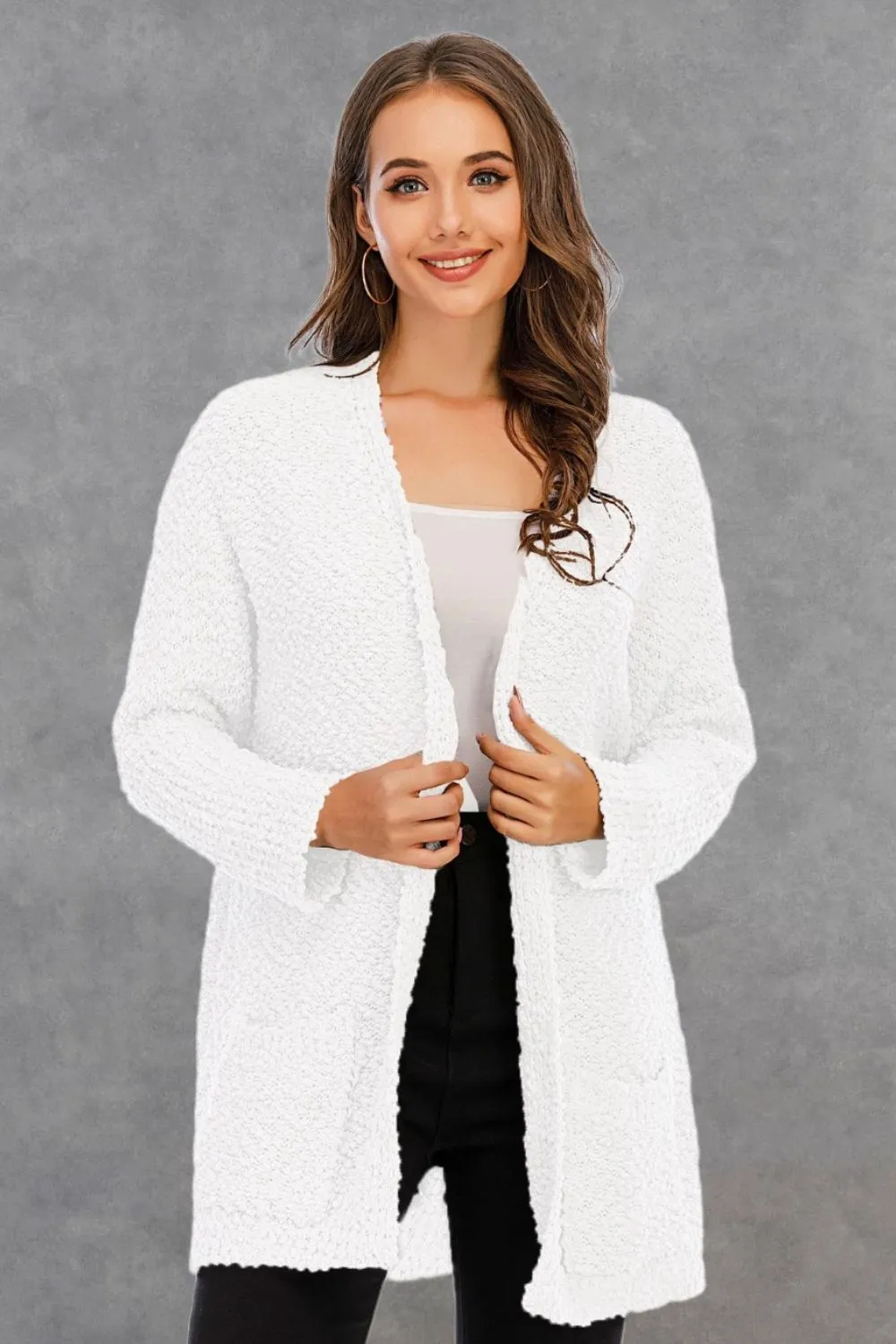 Pocketed Open Front Long Sleeve Cardigan, image 2