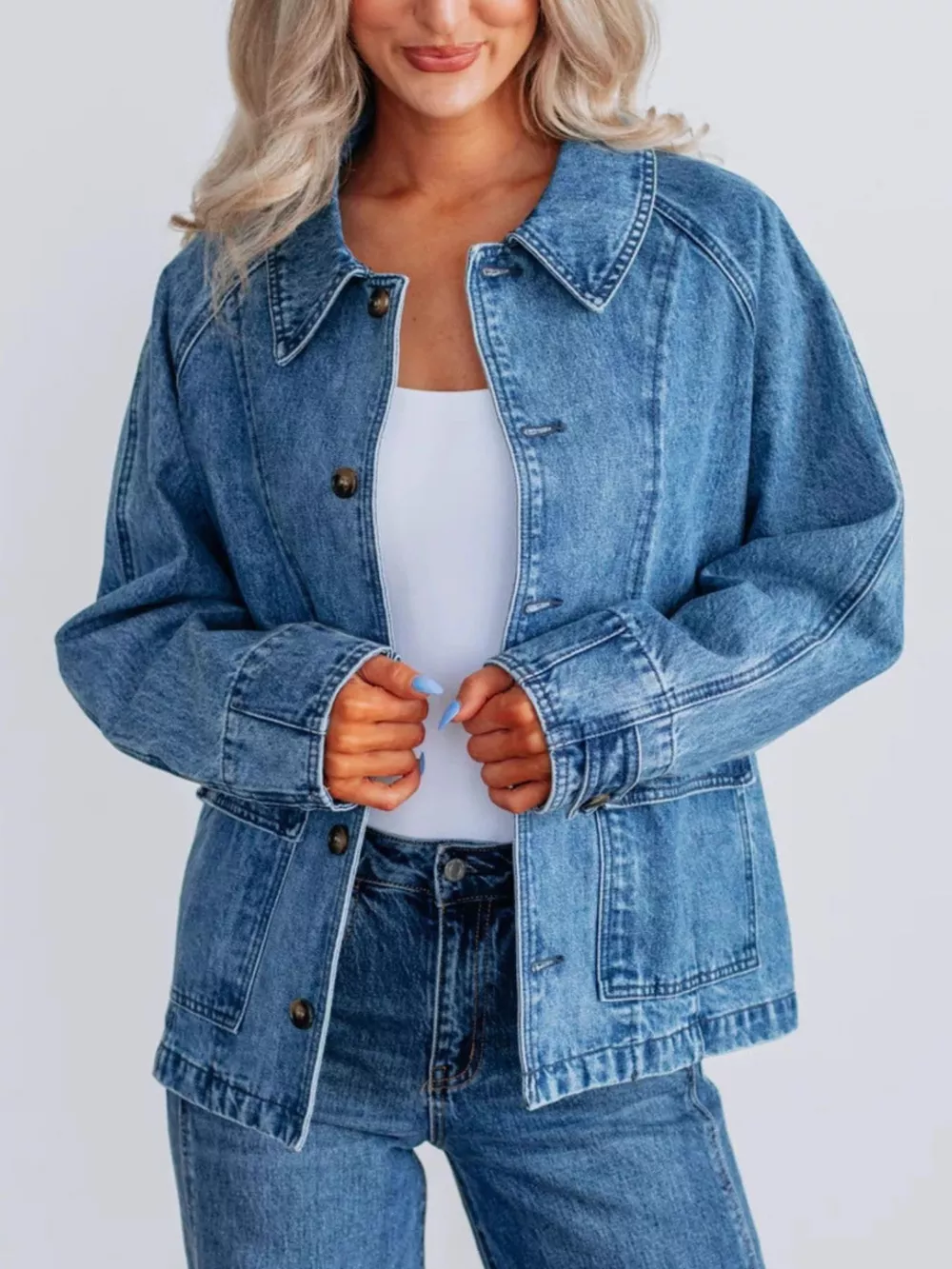 Button Up Raglan Sleeve Denim Jacket, image 3