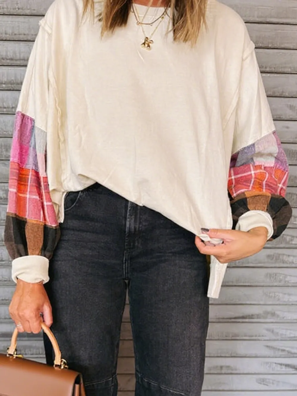 Plaid Sleeve Contrast Casual Sweatshirt