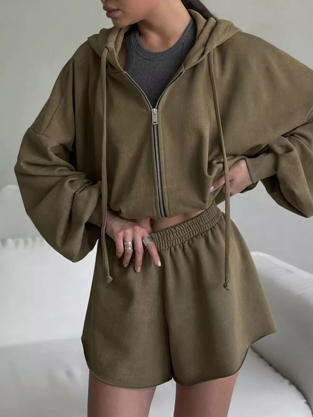 Zip Up Long Sleeve Outerwear and Shorts Set, image 22