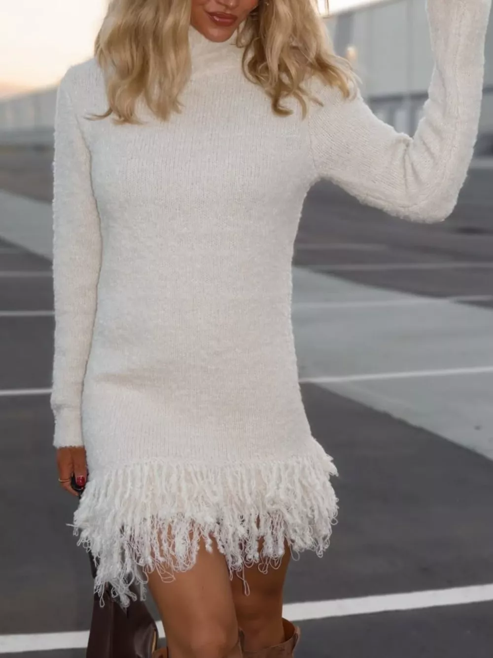 Fringe Turtleneck Long Sleeve Sweater Dress, image 7