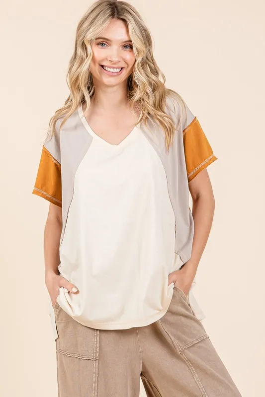 Color Block V-Neck Short Sleeve T-Shirt, image 4