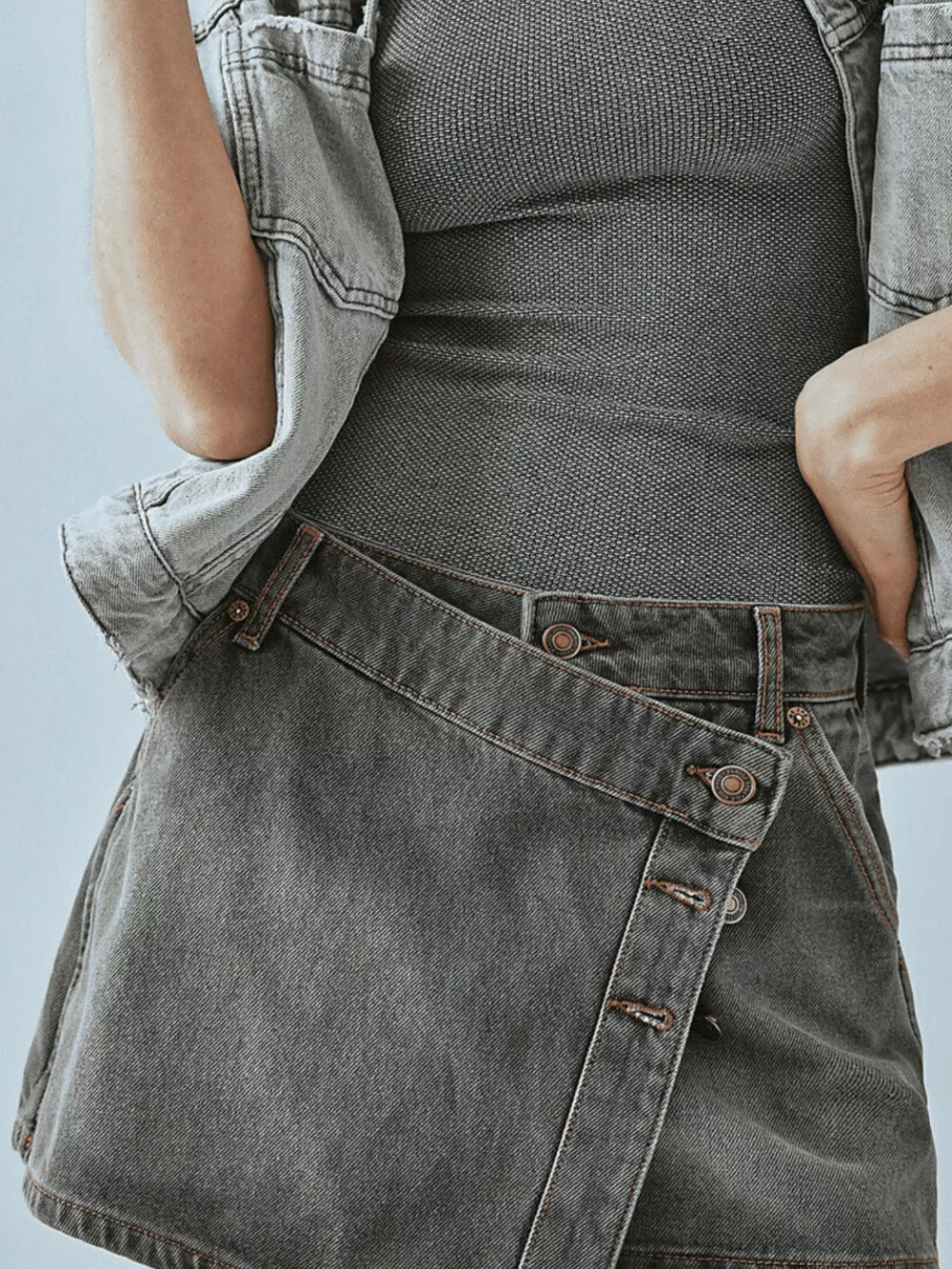 Asymmetrical Button-Front Denim Skort, image 10
