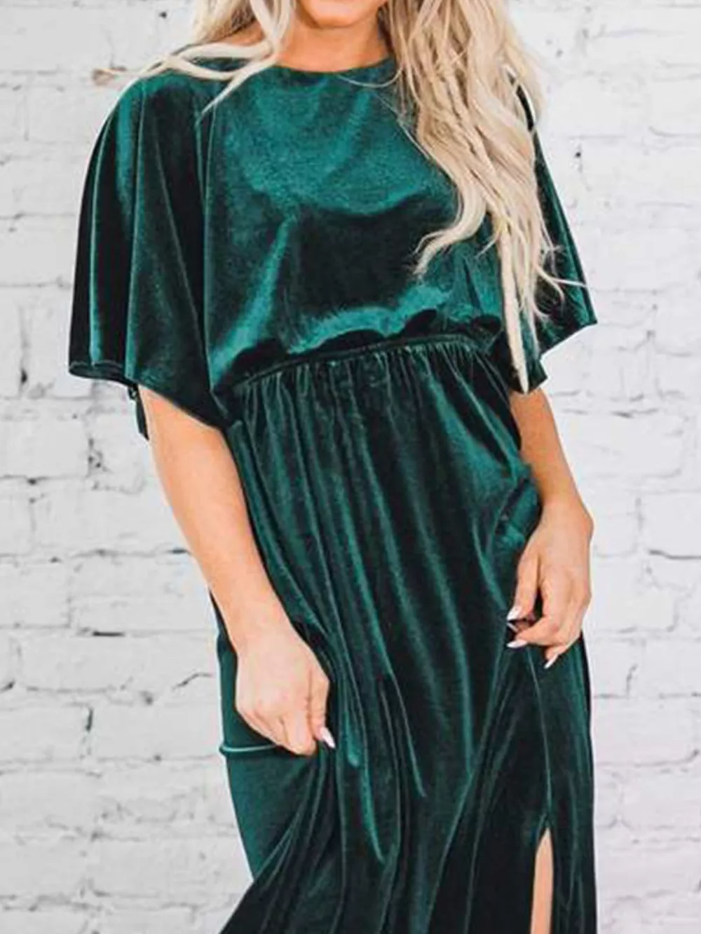 Slit Round Neck Flutter Sleeve Velvet Maxi Dress, image 3