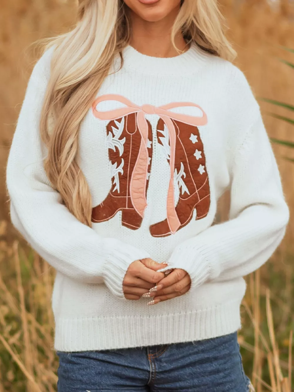 Embroidered Bow Boots Graphic Drop Shoulder Sweater, image 2