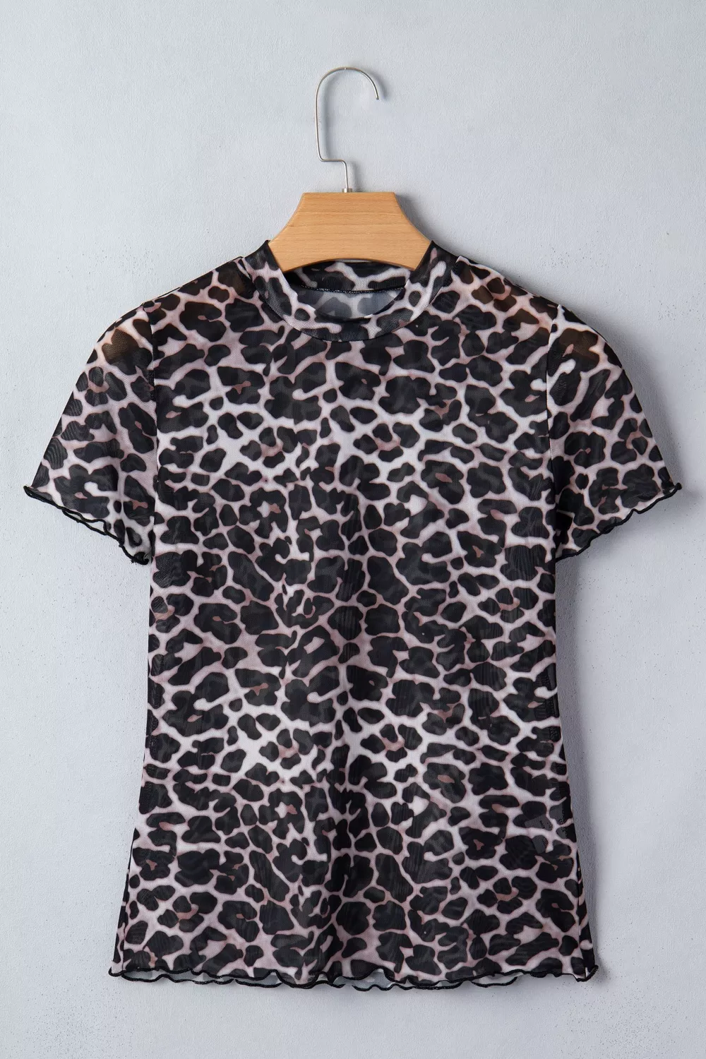 Leopard Print Sheer Mesh Short Sleeve Top, image 2