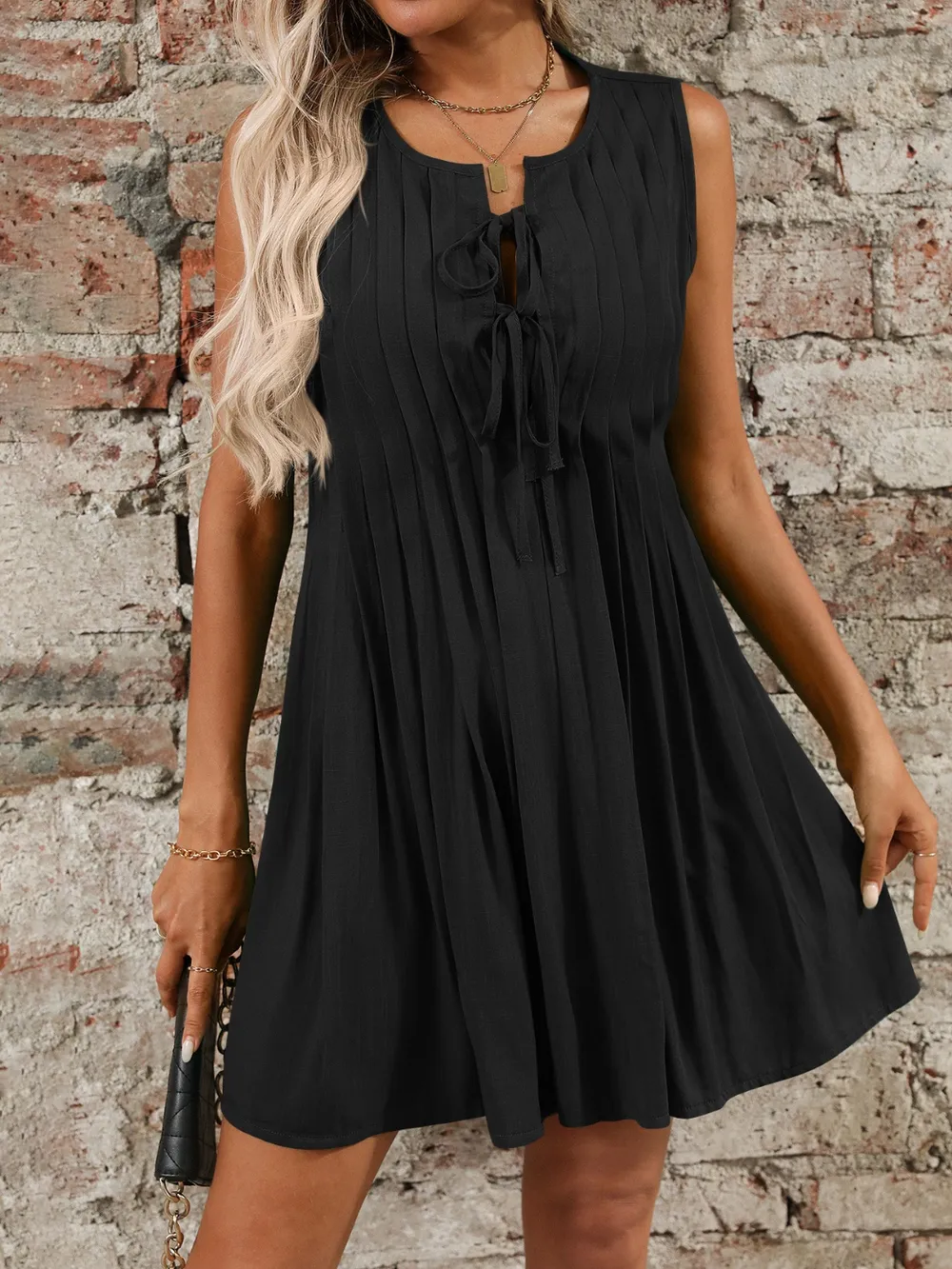 Tied Front Pleated Sleeveless Mini Dress, image 10