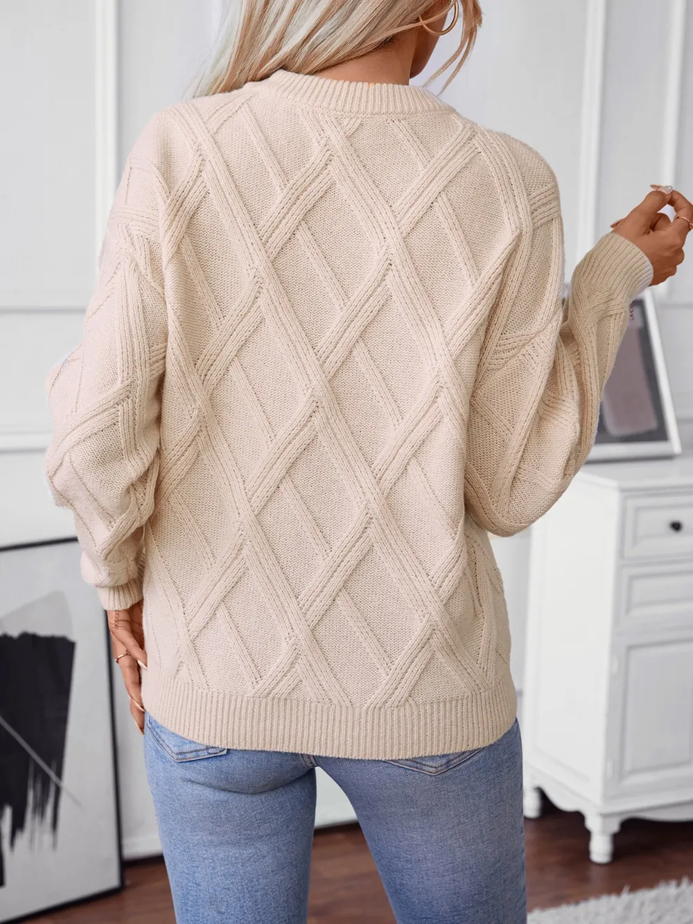 Geometric Round Neck Long Sleeve Sweater, image 5