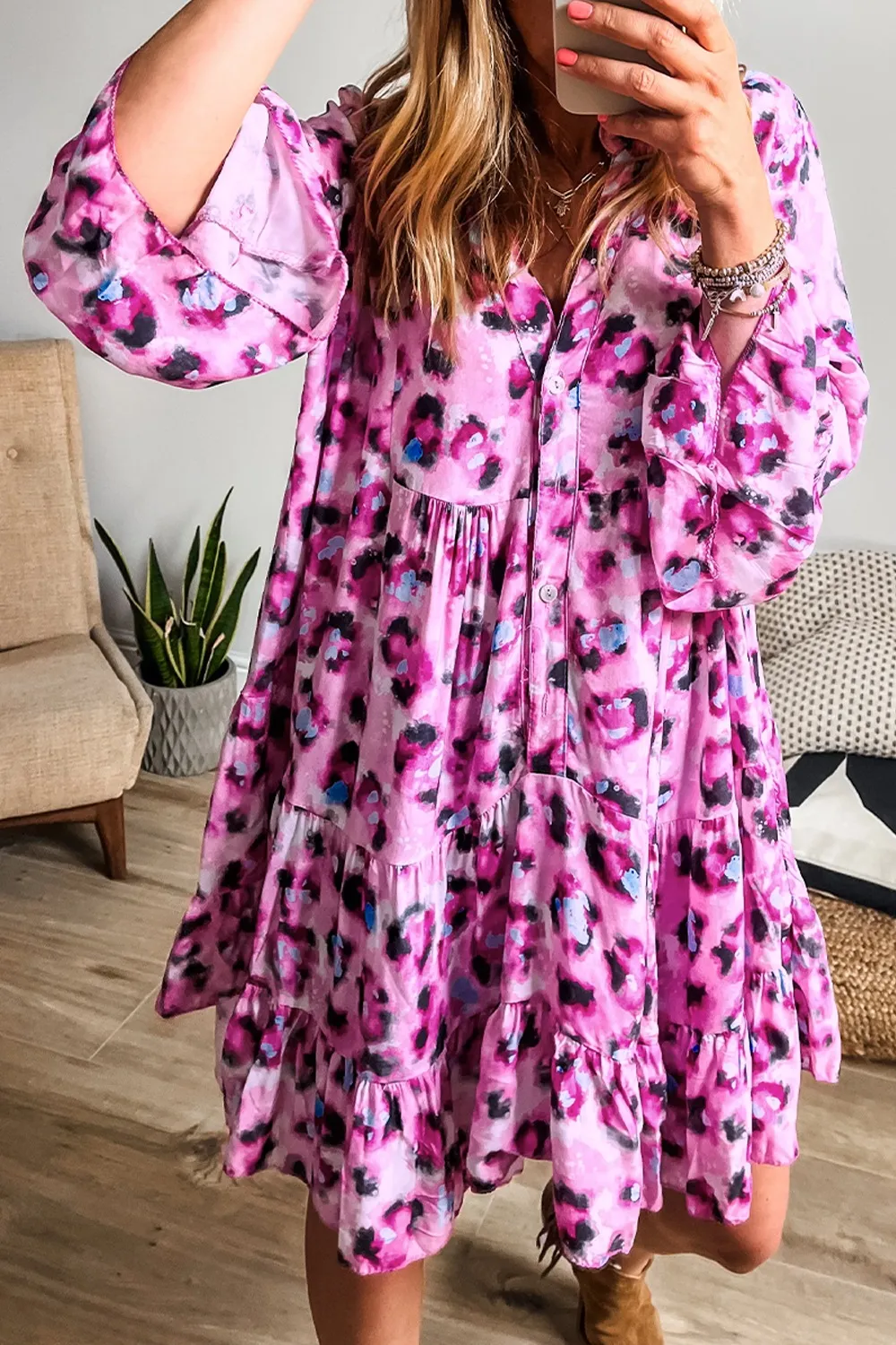 Leopard Print Buttoned Front 3/4 Sleeve Tiered Ruffled Hem Dress, image 15