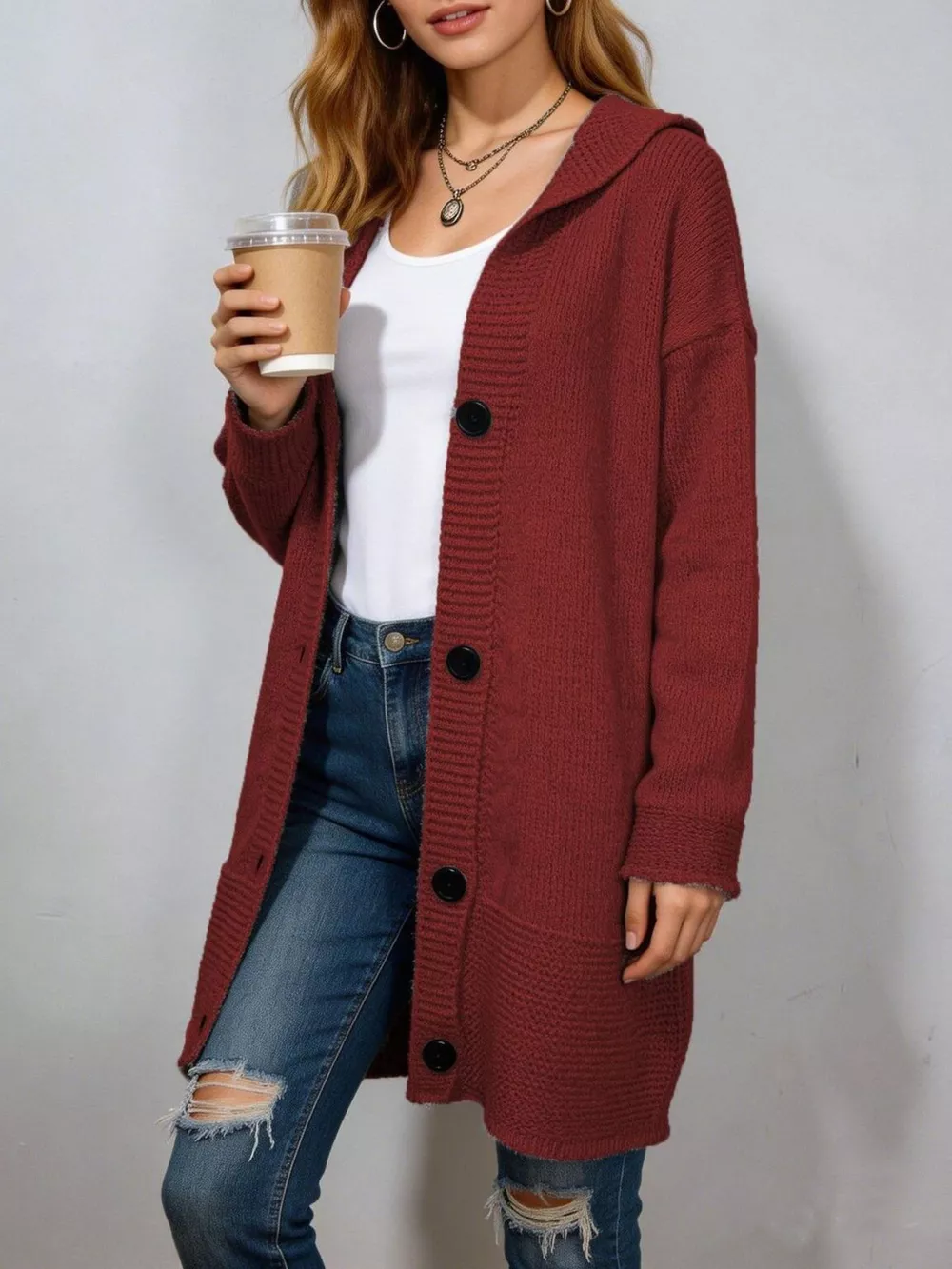 Full Size Casual Hooded Button-Down Knit Cardigan Plus Size, image 8