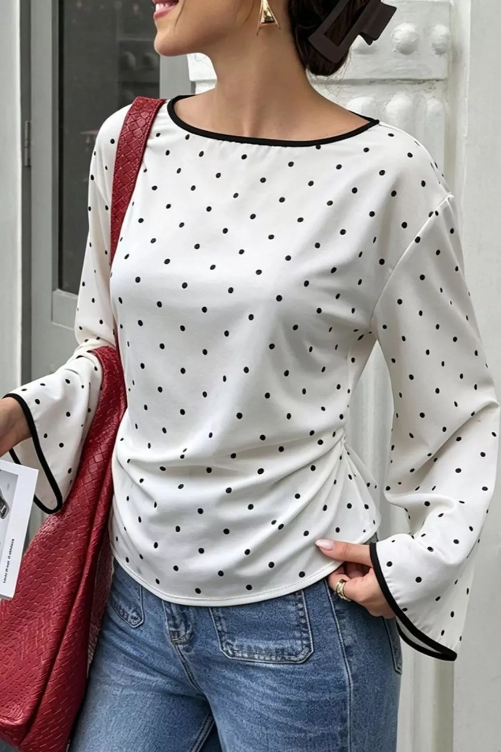 Polka Dot Flare Sleeve Blouse, image 4