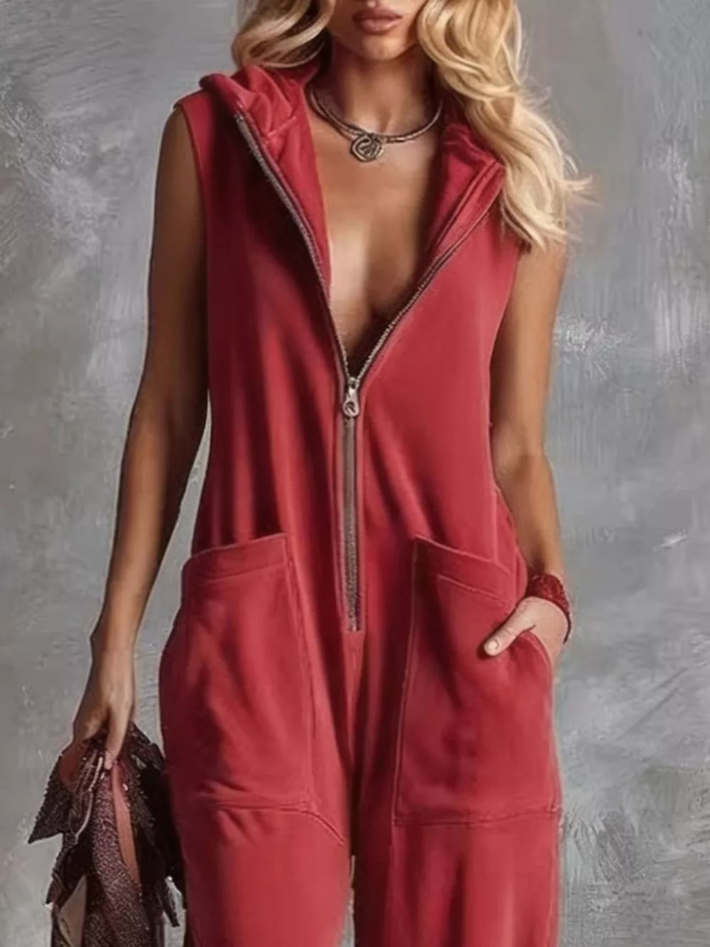 Sleeveless Hooded Zip-Front Casual Jumpsuit, image 2