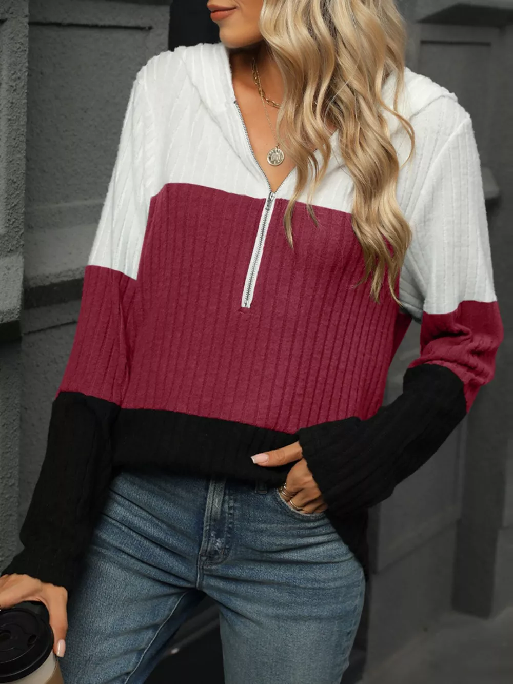 Color Block Half Zip Hooded Top, image 10
