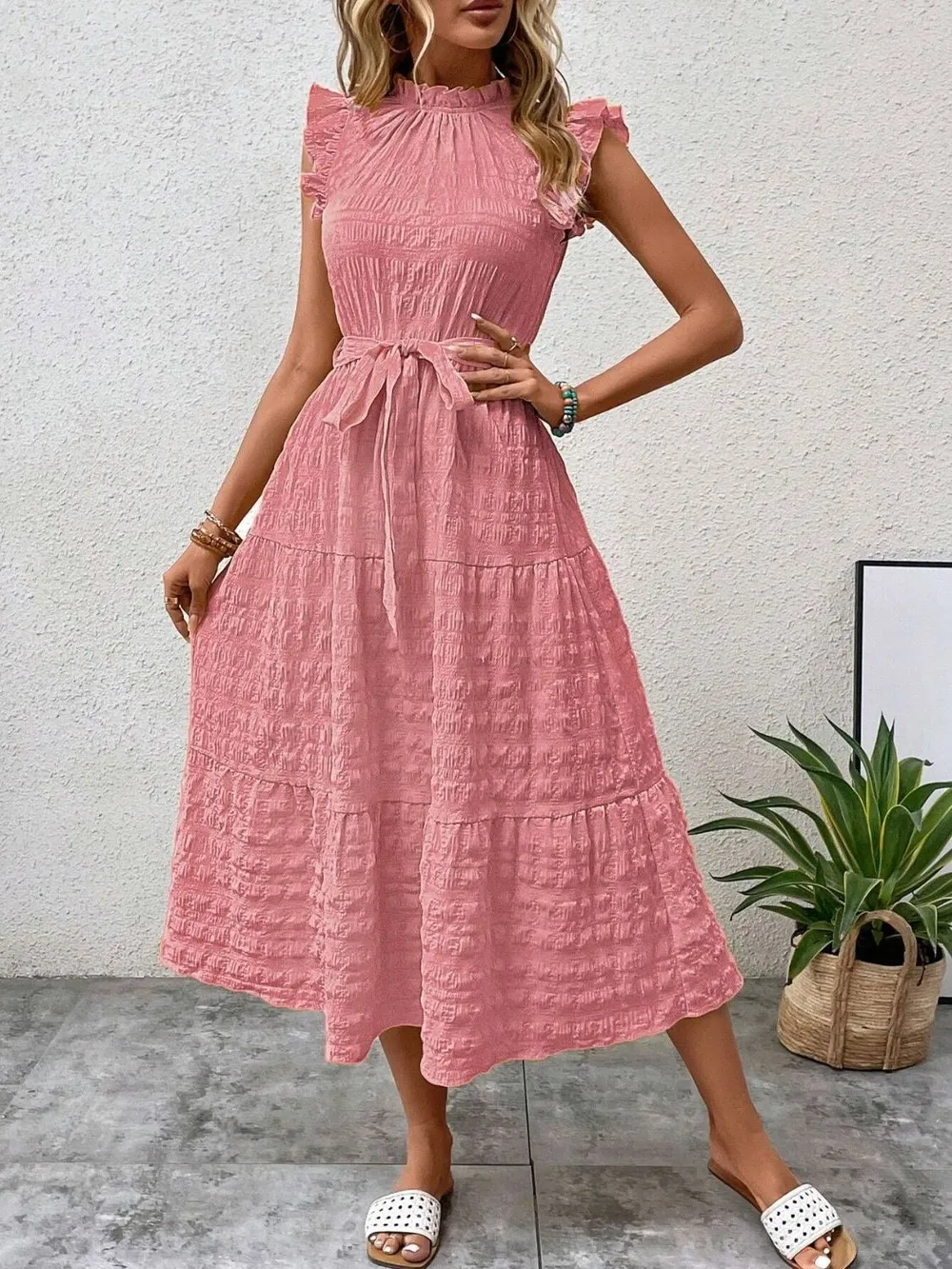 Tied Ruffled Cap Sleeve Midi Dress, image 21