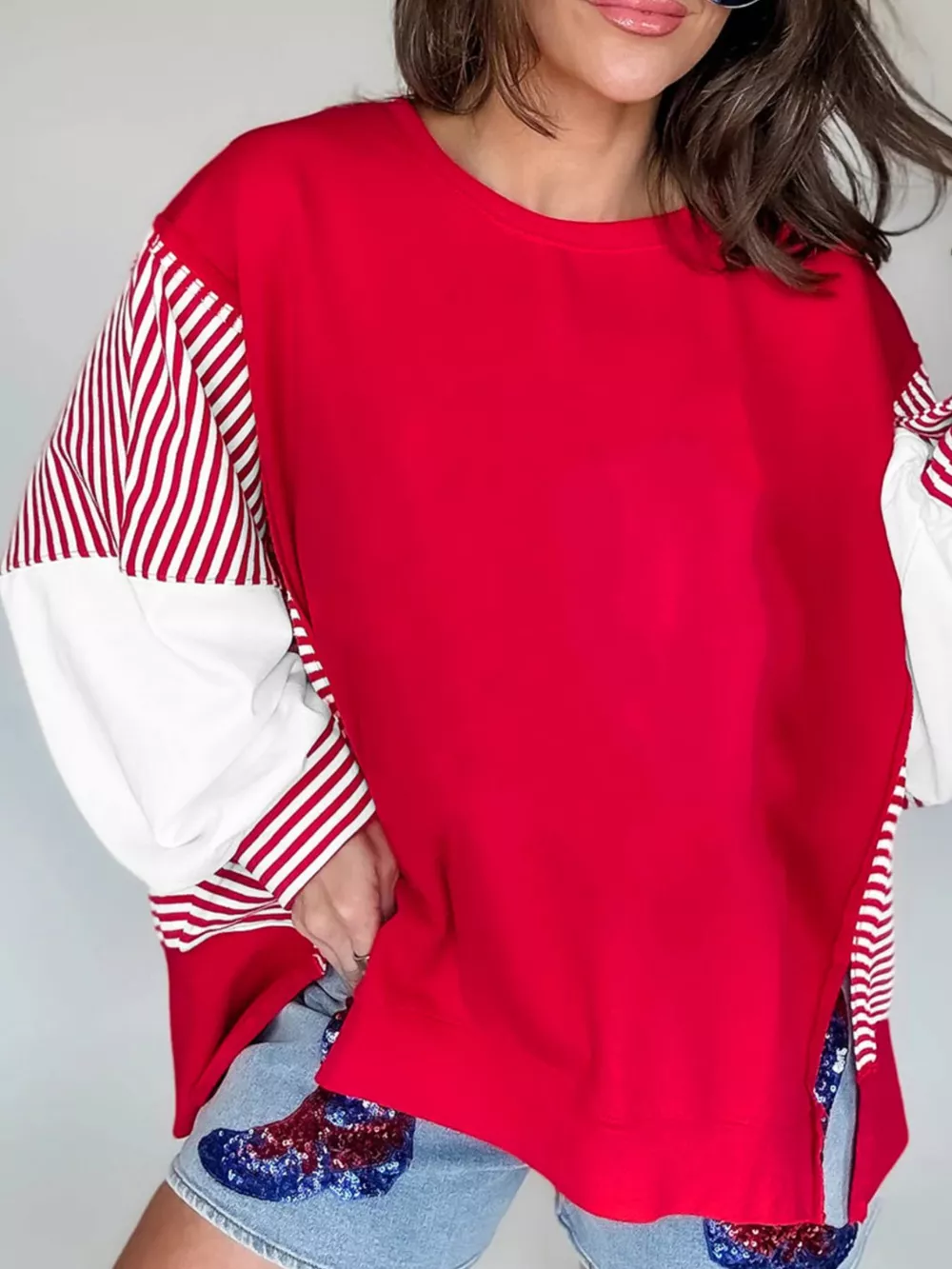 Striped Patchwork Sleeve Colorblock Sweatshirt, image 3