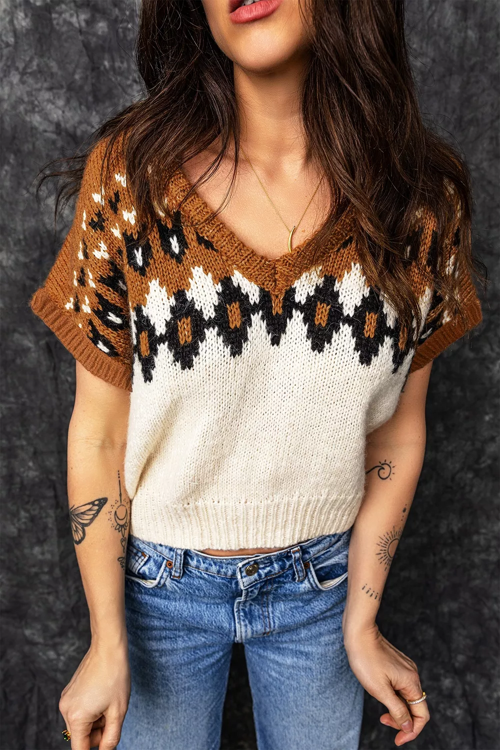 V Neck Short Sleeve Geometric Sweater, image 6