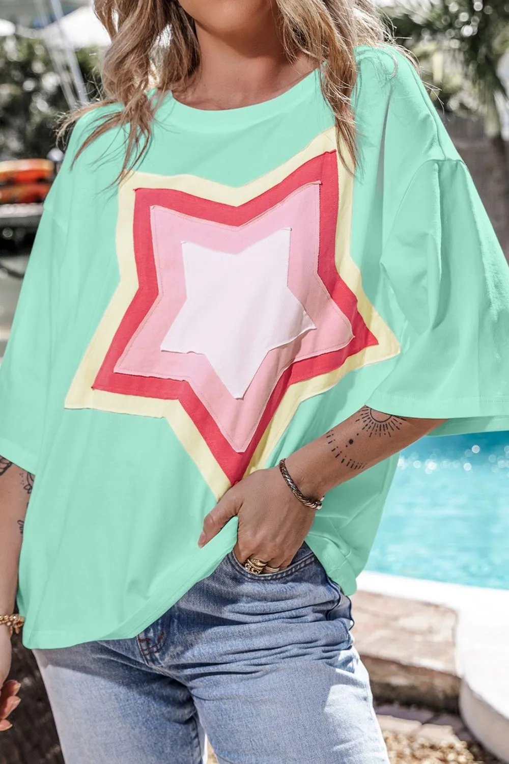 Color Block Star Patched Oversized T-Shirt, image 12