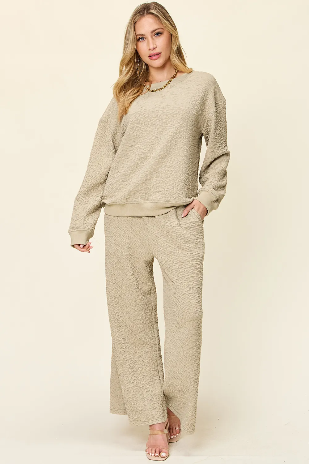 Full Size Texture Long Sleeve Top and Pants Set, image 8