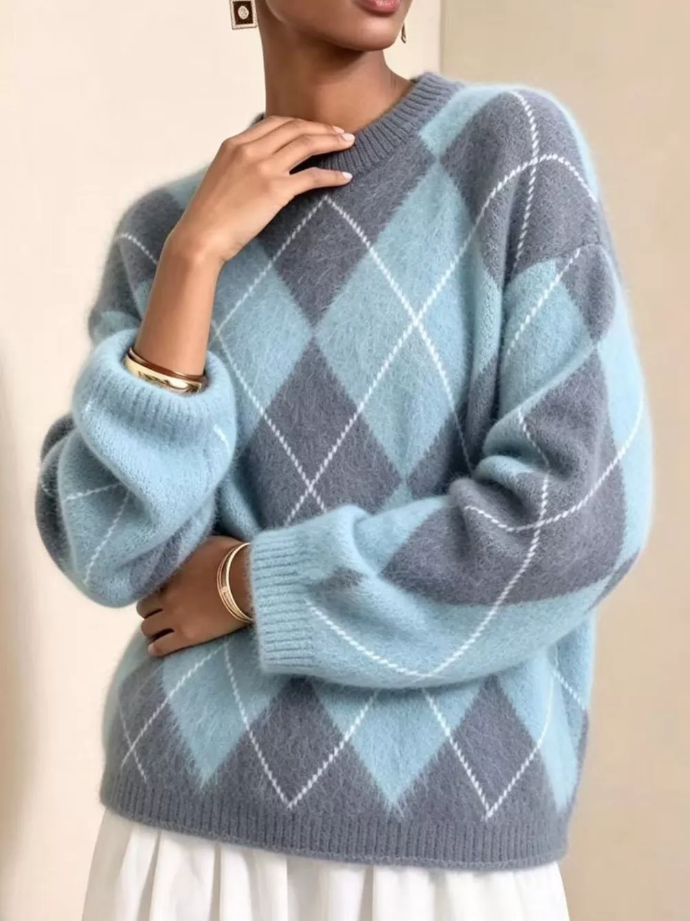 Argyle Pattern Fuzzy Knit Sweater, image 13