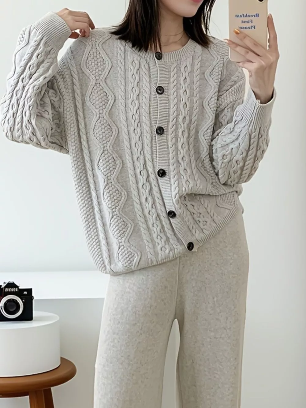 Cable Knit Cardigan & Wide Leg Pants Sweater Set, image 5