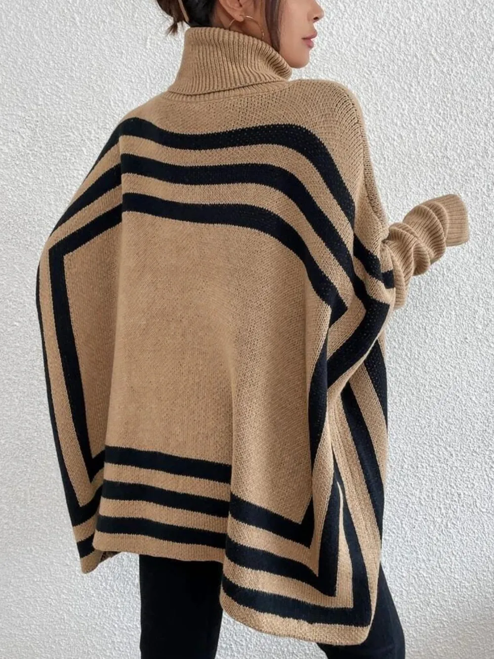Striped Turtleneck Batwing Sleeve Sweater with Pockets, image 2