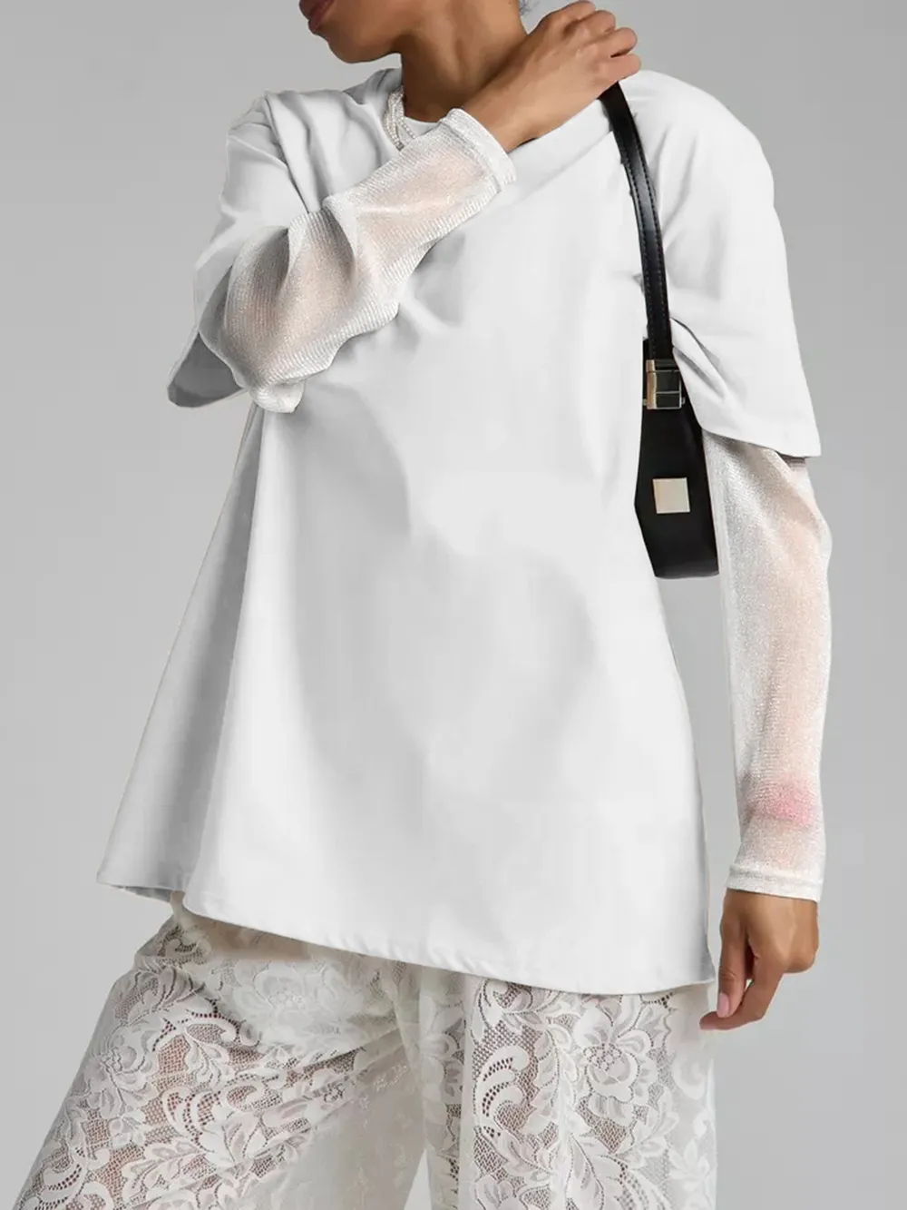 Faux Layered Round Neck Mesh Sleeve Top, image 18