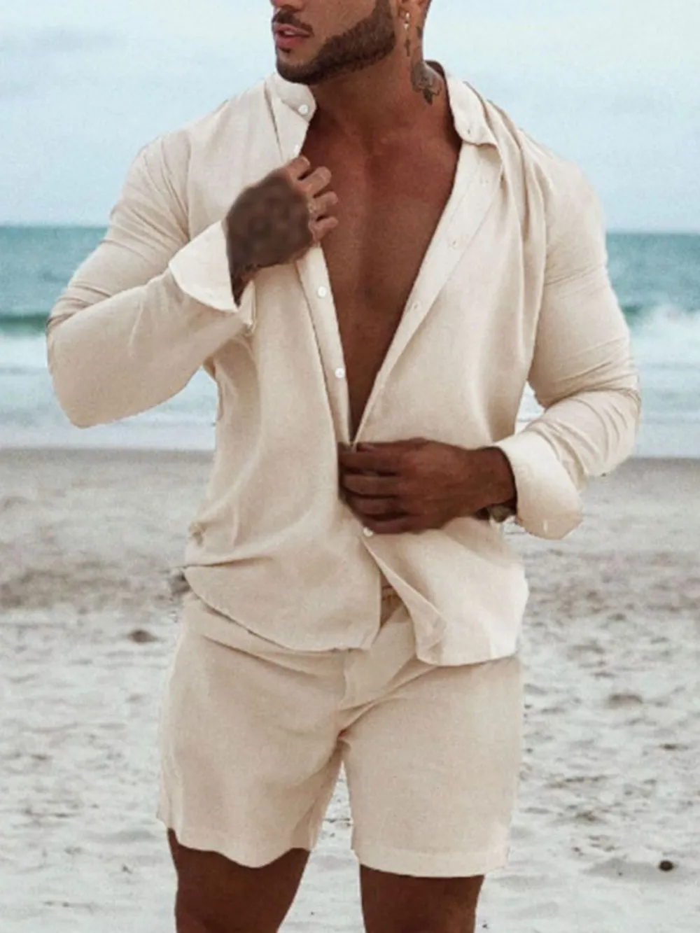 Men's Full Size Button Up Long Sleeve Shirt and Shorts Set Plus Size