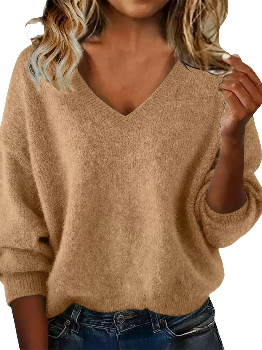 Full Size V-Neck Dropped Shoulder Sweater Plus Size, image 11